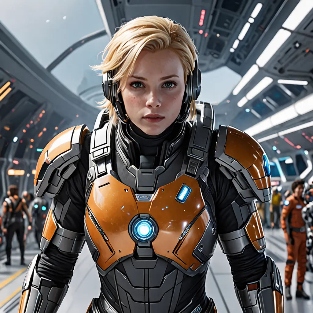a woman in a sci - fi fi outfit standing in a space station with other people in the background, space art, a character portrait, Eve Ryder, cgstudio