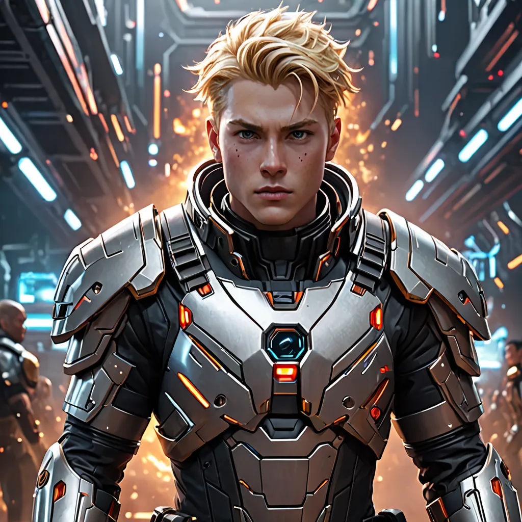a man in a futuristic suit standing in a hallway with other men in the background and a sci - fi theme, space art, a character portrait, Aleksi Briclot, key art