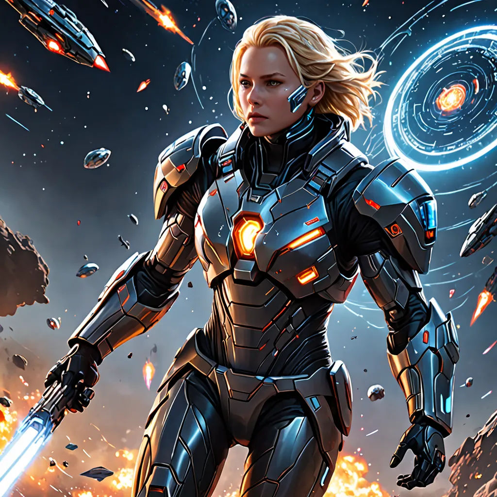 a woman in a futuristic suit holding a sword in front of a space scene with a star - filled sky, space art, concept art, Aleksi Briclot, cgstudio