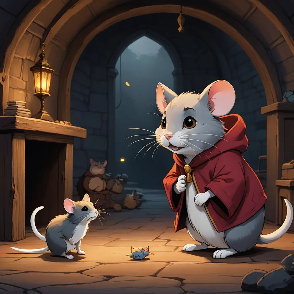 a mouse and a rat in a castle setting with a lantern in the background and a fire place in the middle, sots art, a storybook illustration, Andreas Rocha, game art