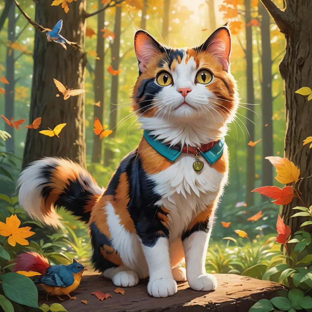 a cat sitting on a log in a forest with leaves and a bird nearby, with a sunbeam in the background, sots art, a detailed painting, Chris LaBrooy, official art