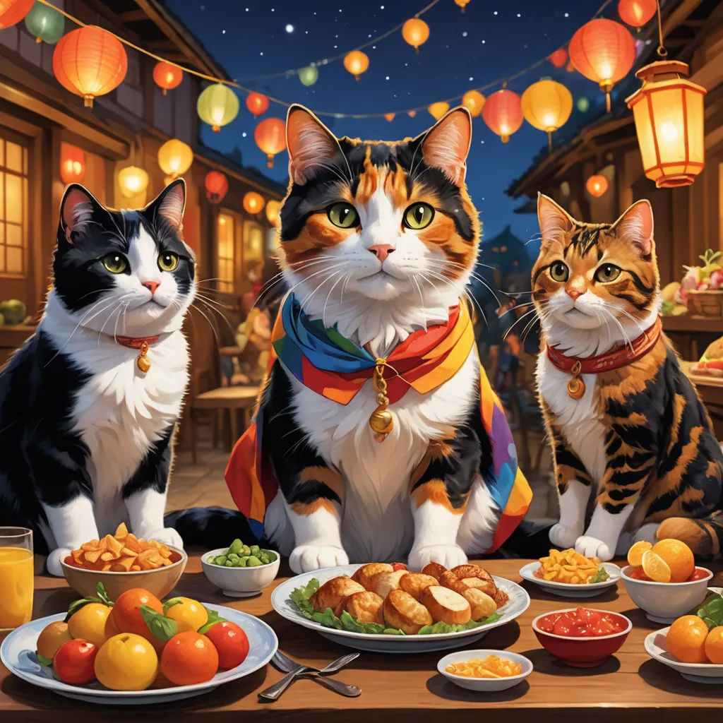 a painting of two cats sitting at a table with food and drinks on it, and a lantern in the background, furry art, a fine art painting, Chris LaBrooy, official art