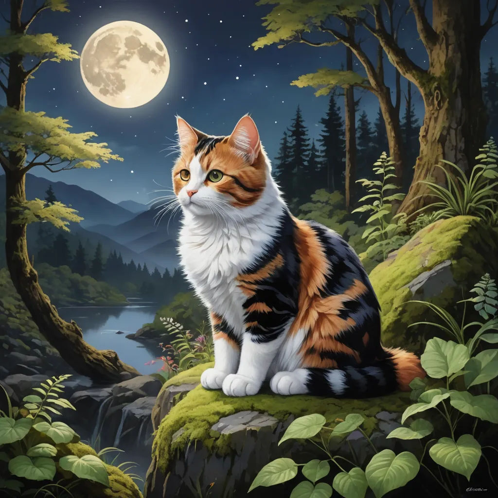 a cat sitting on a rock in the woods with a full moon in the background and a river running through it, fantasy art, a fine art painting, Dan Mumford, professional digital painting