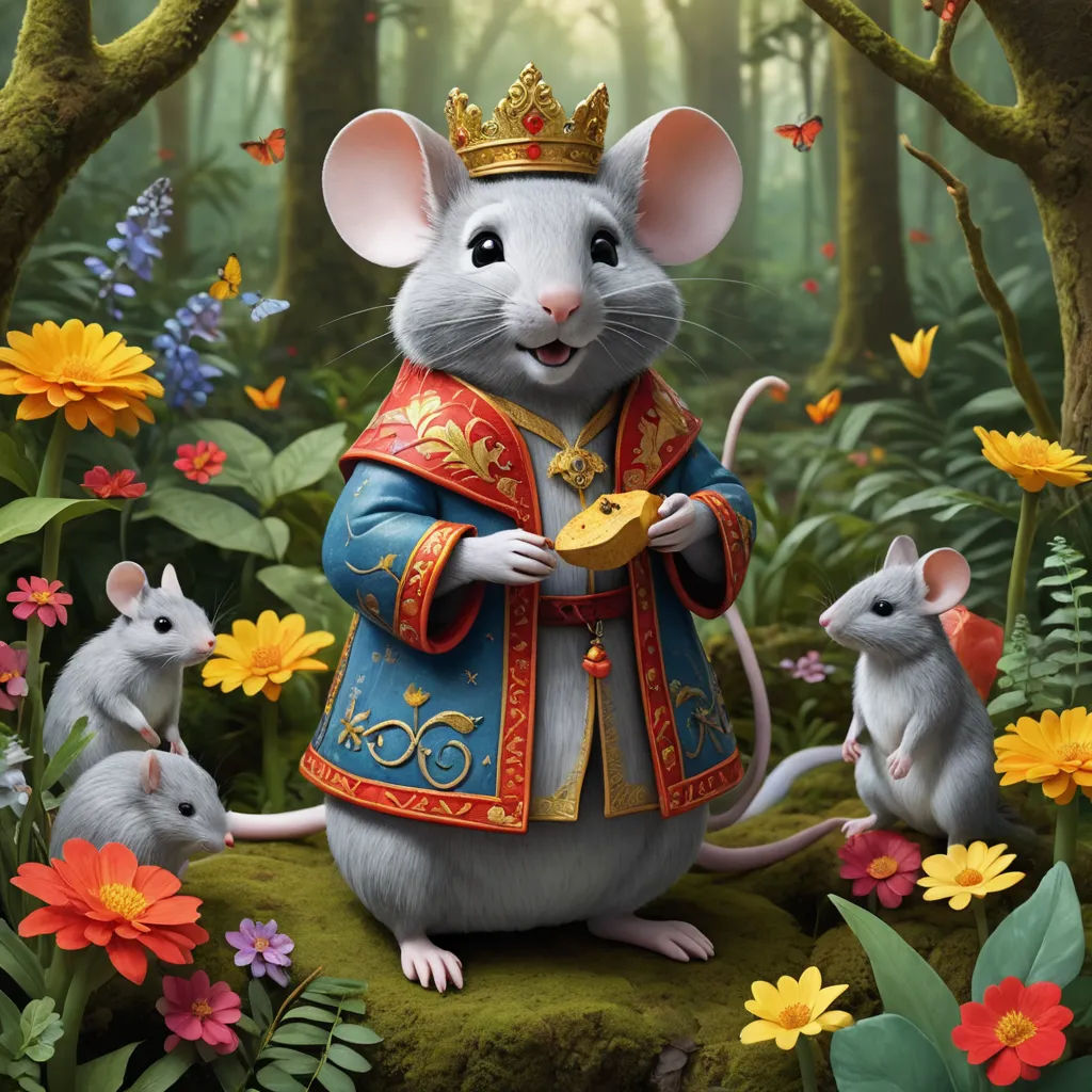 a mouse in a blue and red outfit surrounded by flowers and trees with a gold crown on its head, sots art, a storybook illustration, Chris LaBrooy, official art