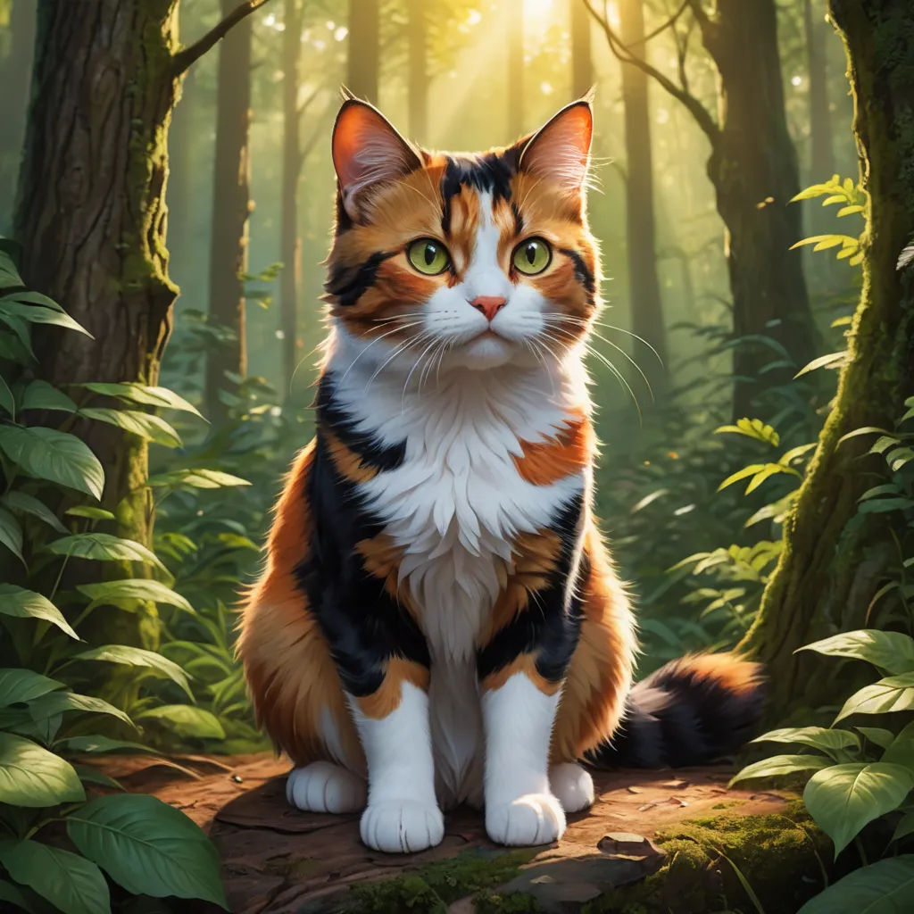 a cat sitting on a log in a forest with sunlight shining through the trees and leaves on the ground, sots art, concept art, Chris LaBrooy, official art