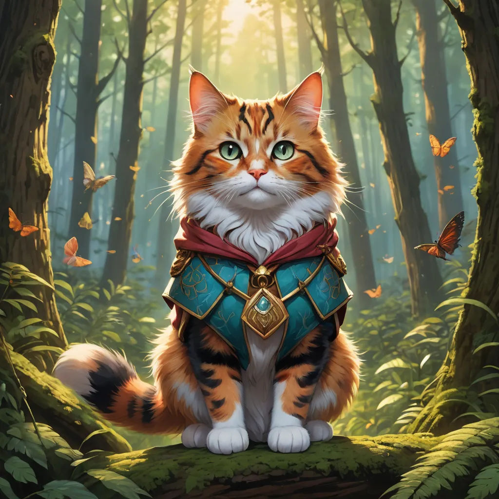 a cat in a costume sitting in a forest with butterflies around it's neck and eyes open, with a butterfly on its chest, sots art, a character portrait, Chris LaBrooy, magic the gathering artwork