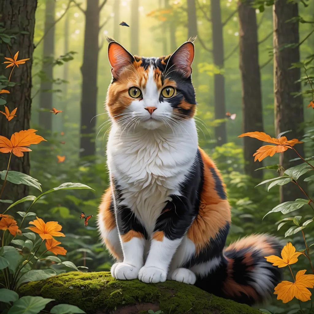 a cat sitting on a rock in a forest with flowers and butterflies around it, looking at the camera, furry art, a photorealistic painting, Carlos Catasse, animal photography
