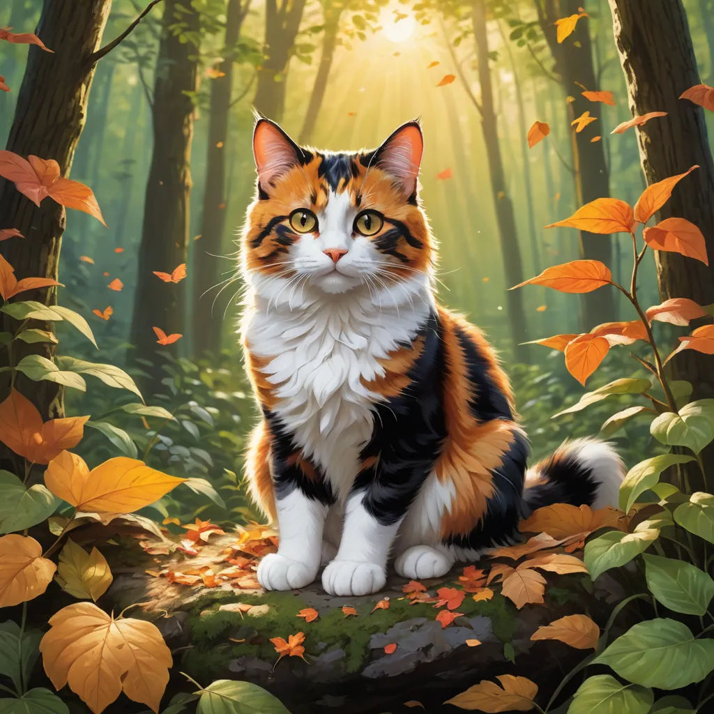 a cat sitting in the middle of a forest with leaves on the ground and a sun shining through the trees, sots art, a fine art painting, Chris Rallis, official art