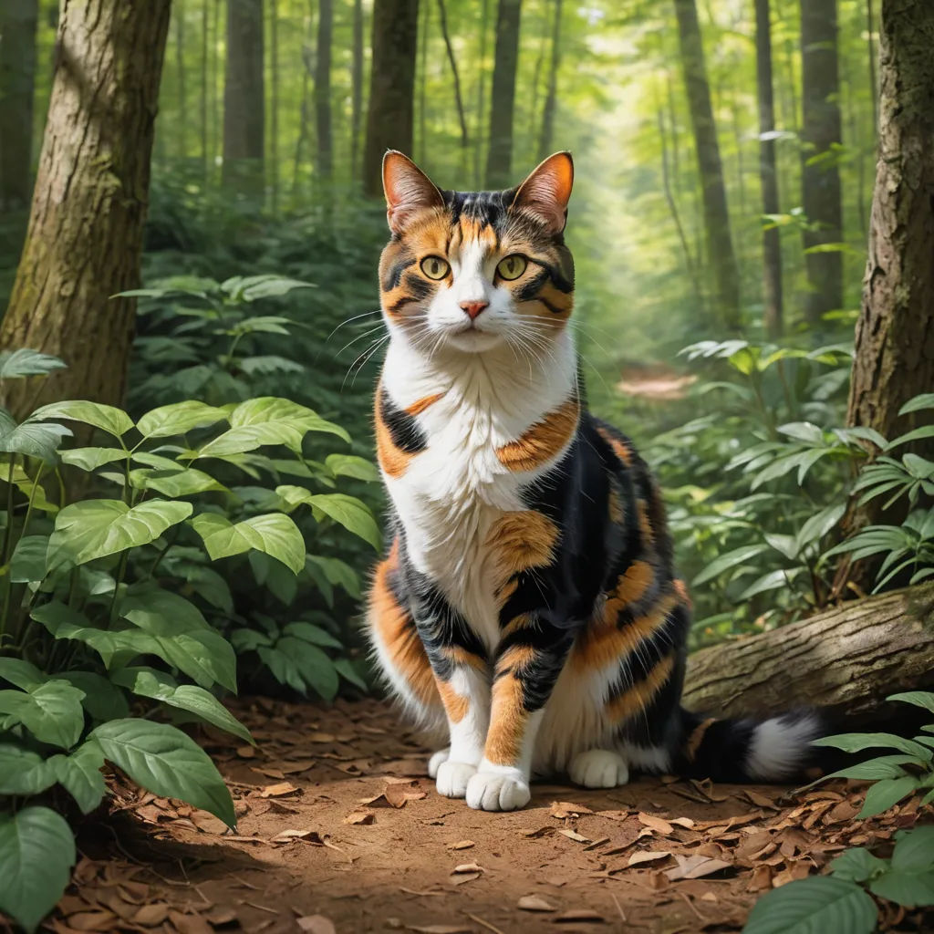 a cat sitting on a dirt path in the woods with a forest background and trees in the background,, impressionism, a photorealistic painting, Carlos Catasse, animal photography