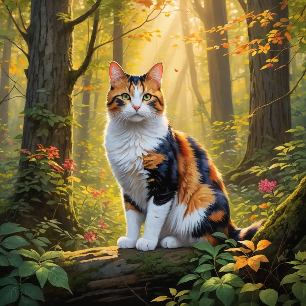 a cat sitting on a log in a forest with leaves and flowers around it, looking up at the sky, furry art, a fine art painting, Chris LaBrooy, official art