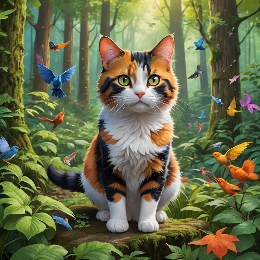 a cat sitting on a log in a forest with butterflies flying around it and a forest background with a cat and a bird, sots art, poster art, Chris LaBrooy, key art