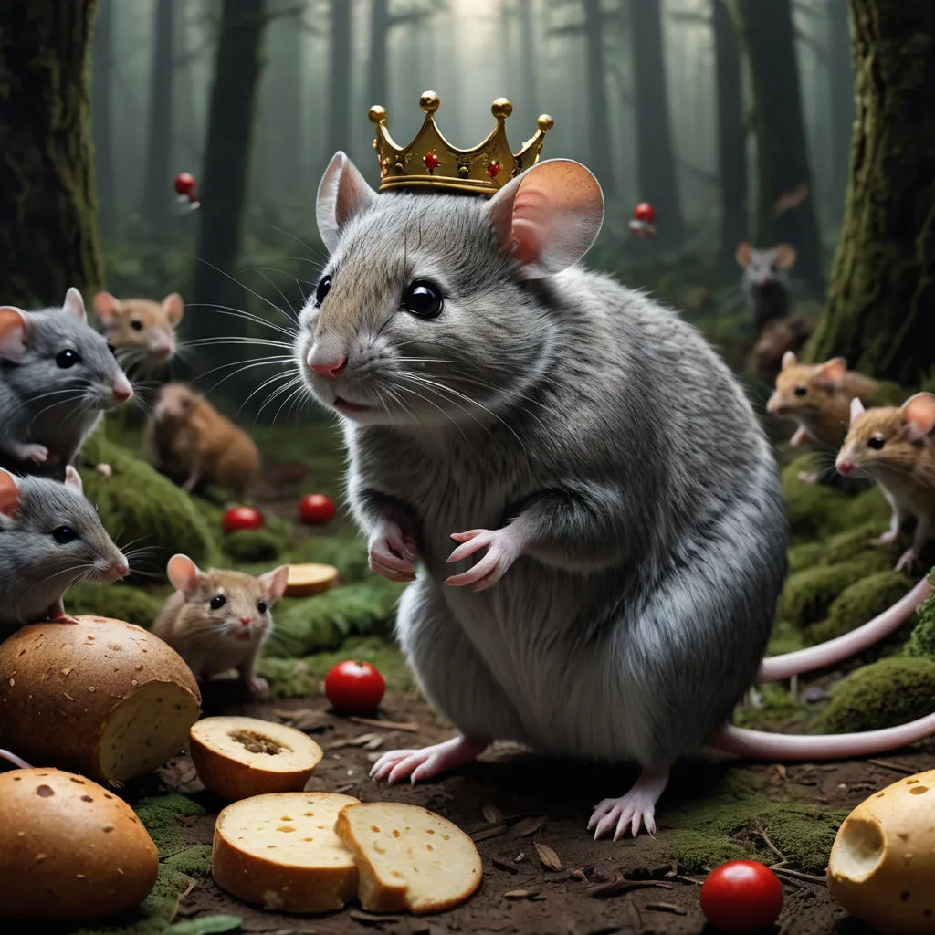 a mouse with a crown on its head surrounded by other mice in a forest with mushrooms and mushrooms on the ground, sots art, a storybook illustration, Chris LaBrooy, storybook illustration