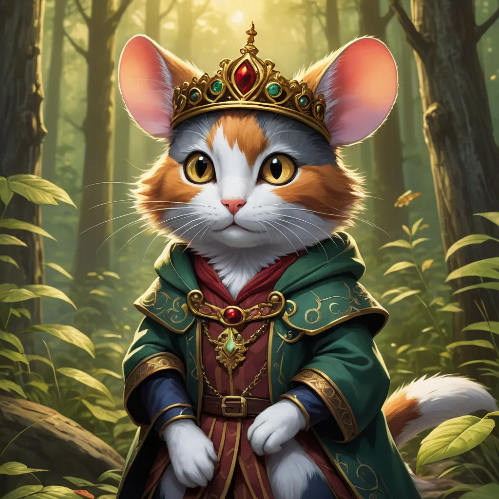 a cat dressed in a costume in a forest with a crown on its head and a green cloak on its head, sots art, a character portrait, Chris LaBrooy, official art