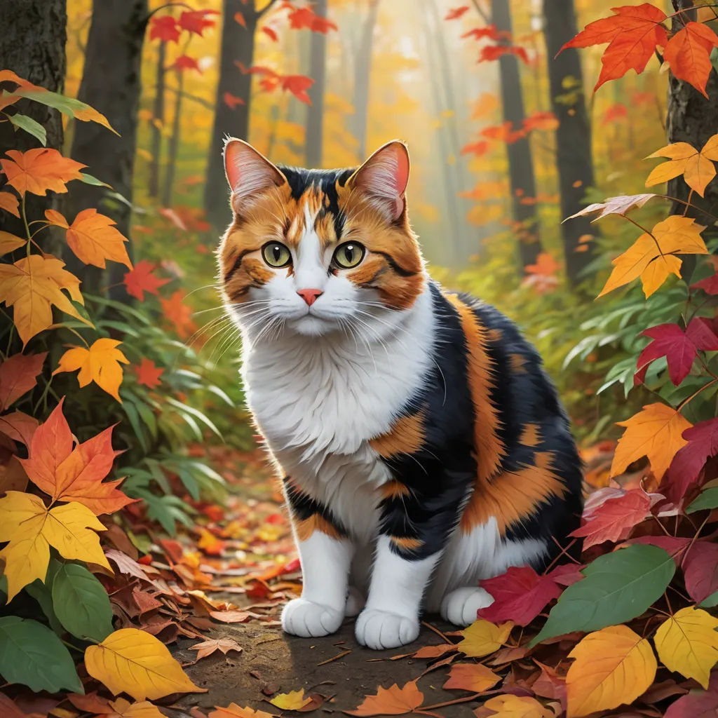 a cat sitting in a forest surrounded by leaves and trees with a bright light coming through the trees behind it, furry art, a photorealistic painting, Carlos Catasse, professional digital painting
