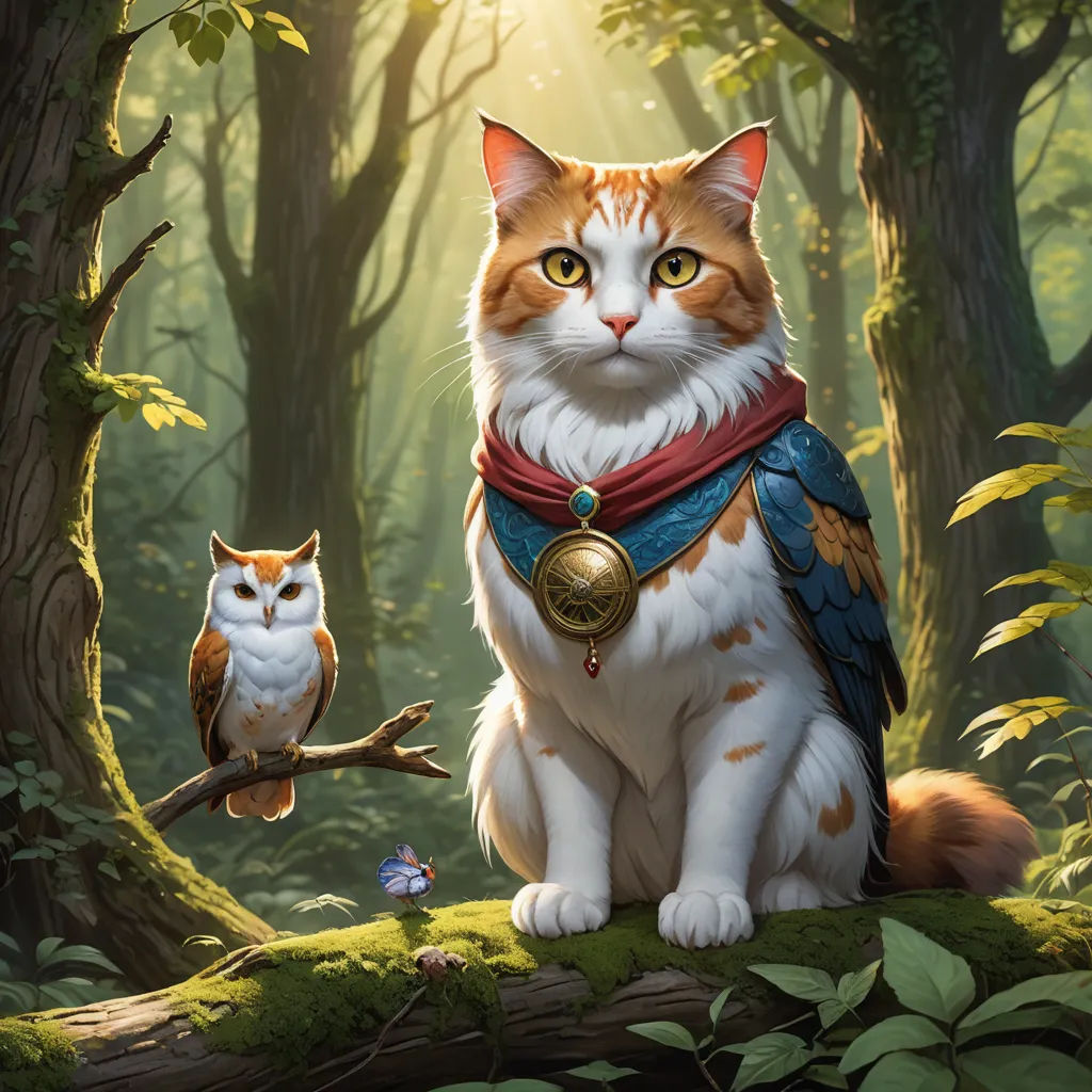 a cat sitting on a tree branch with an owl standing next to it in the forest with sunlight shining through the trees, fantasy art, a character portrait, Chris LaBrooy, magic the gathering artwork