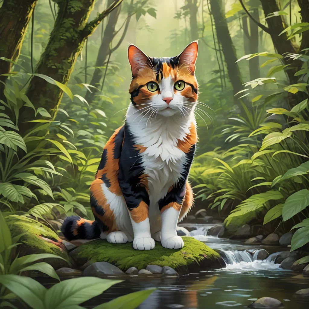 a cat sitting on a rock in a forest with a stream of water and trees in the background,, sots art, a fine art painting, Chris LaBrooy, official art
