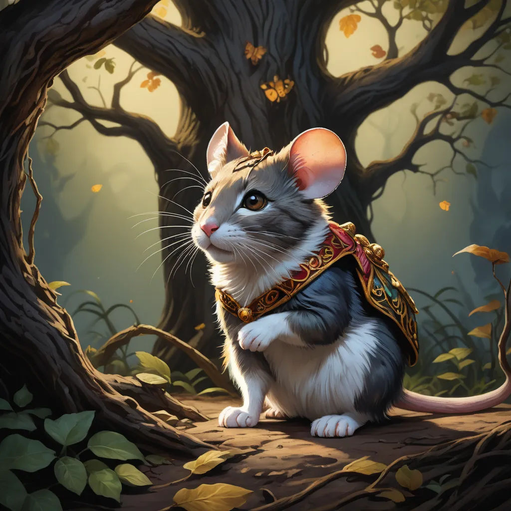 a mouse in a costume sitting in a tree with leaves around it and a tree in the background with leaves on the ground, sots art, a character portrait, Chris Rallis, magic the gathering artwork