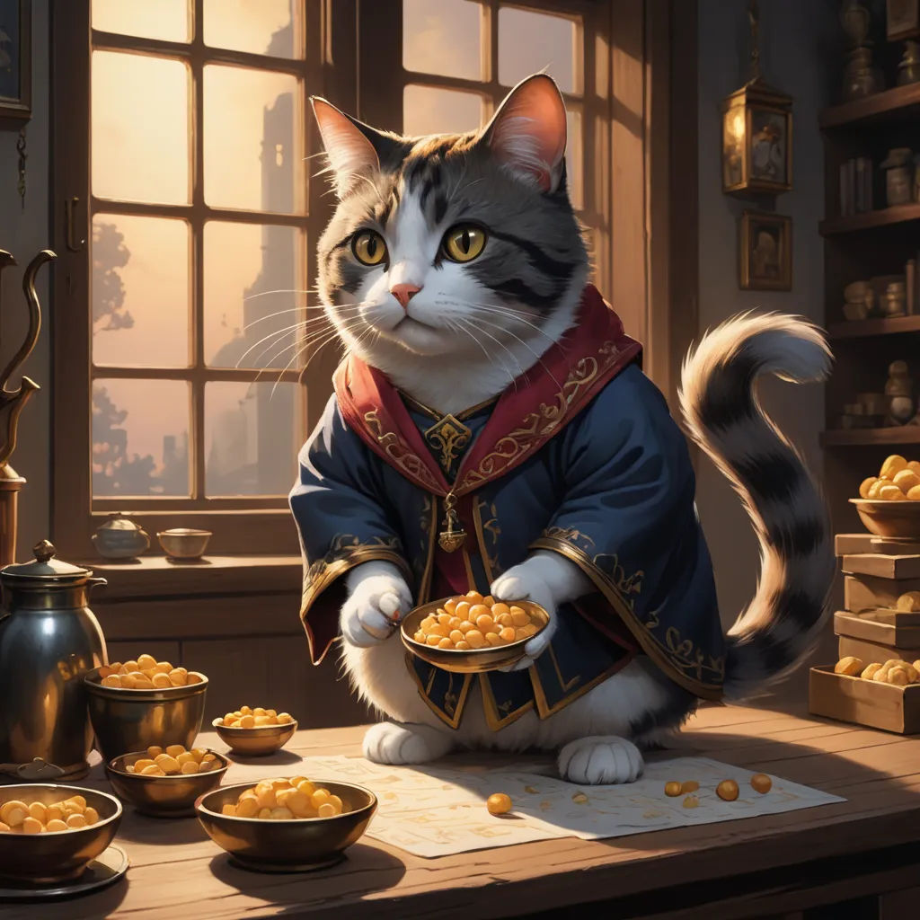 a cat sitting on a table with a bowl of food in front of it and a window behind it, fantasy art, a character portrait, Chris LaBrooy, magic the gathering artwork