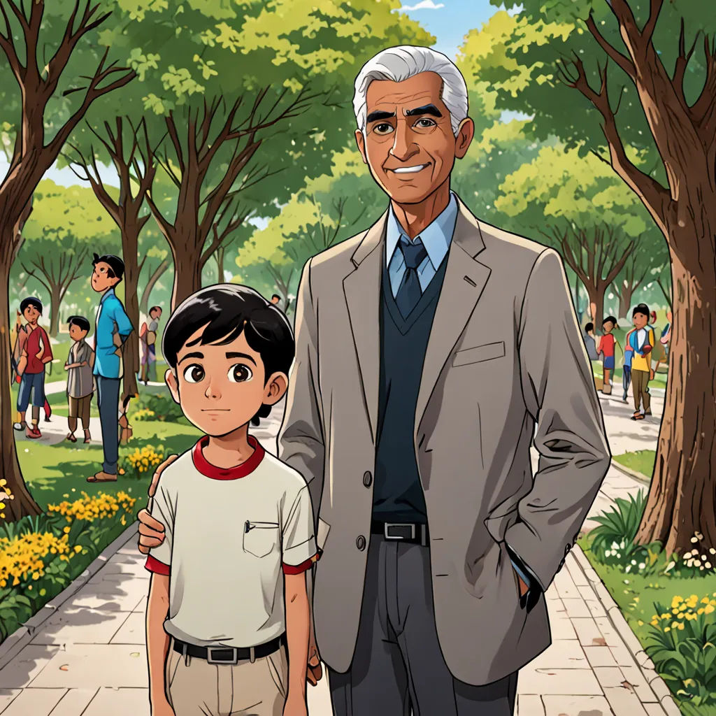 a man and a boy standing in a park with trees and people in the background, with a cartoon of a man in a suit and a boy in a white shirt and tan pants, precisionism, a storybook illustration, Emiliano Ponzi, official art