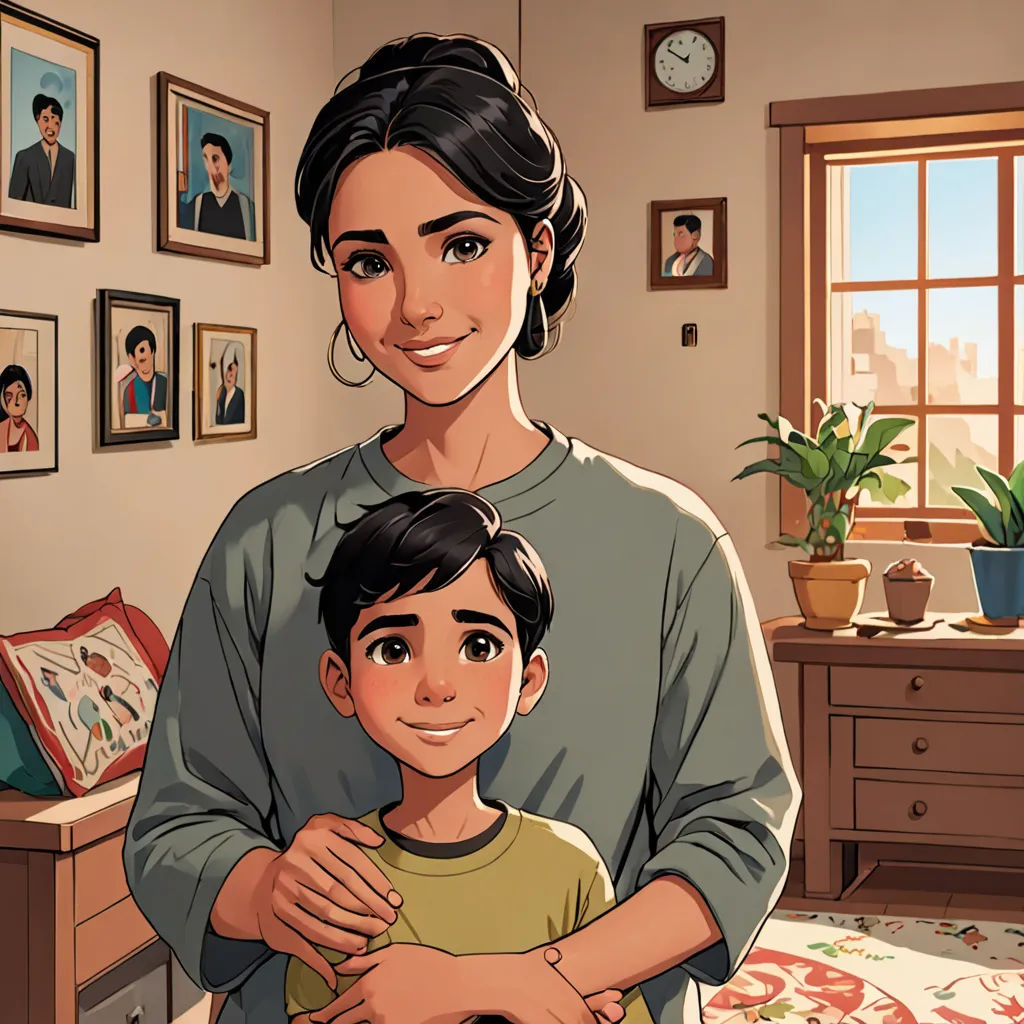 a woman holding a boy in a living room with pictures on the wall behind her and a clock on the wall, serial art, a comic book panel, Amir Zand, comic cover art