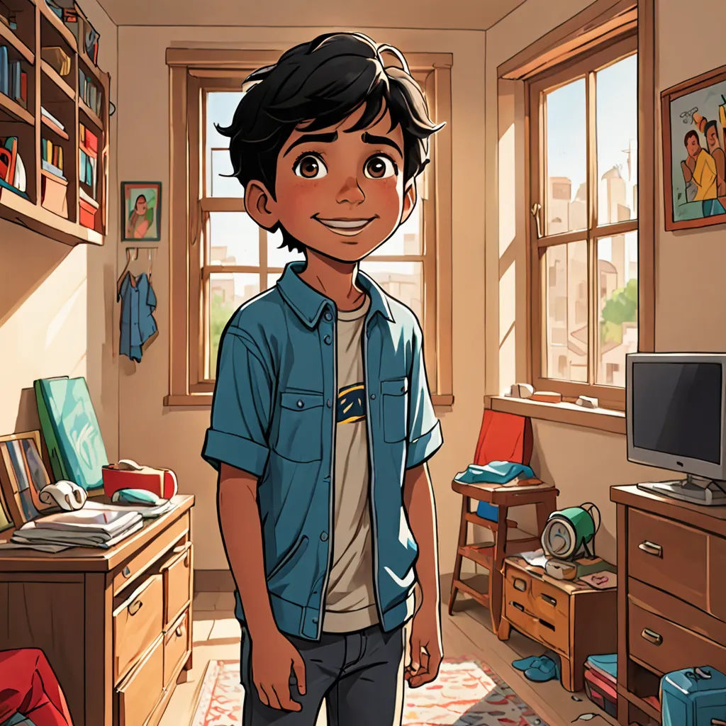 a cartoon boy standing in a messy room with a tv and a desk in the background and a window, photorealism, a character portrait, Eddie Mendoza, official art