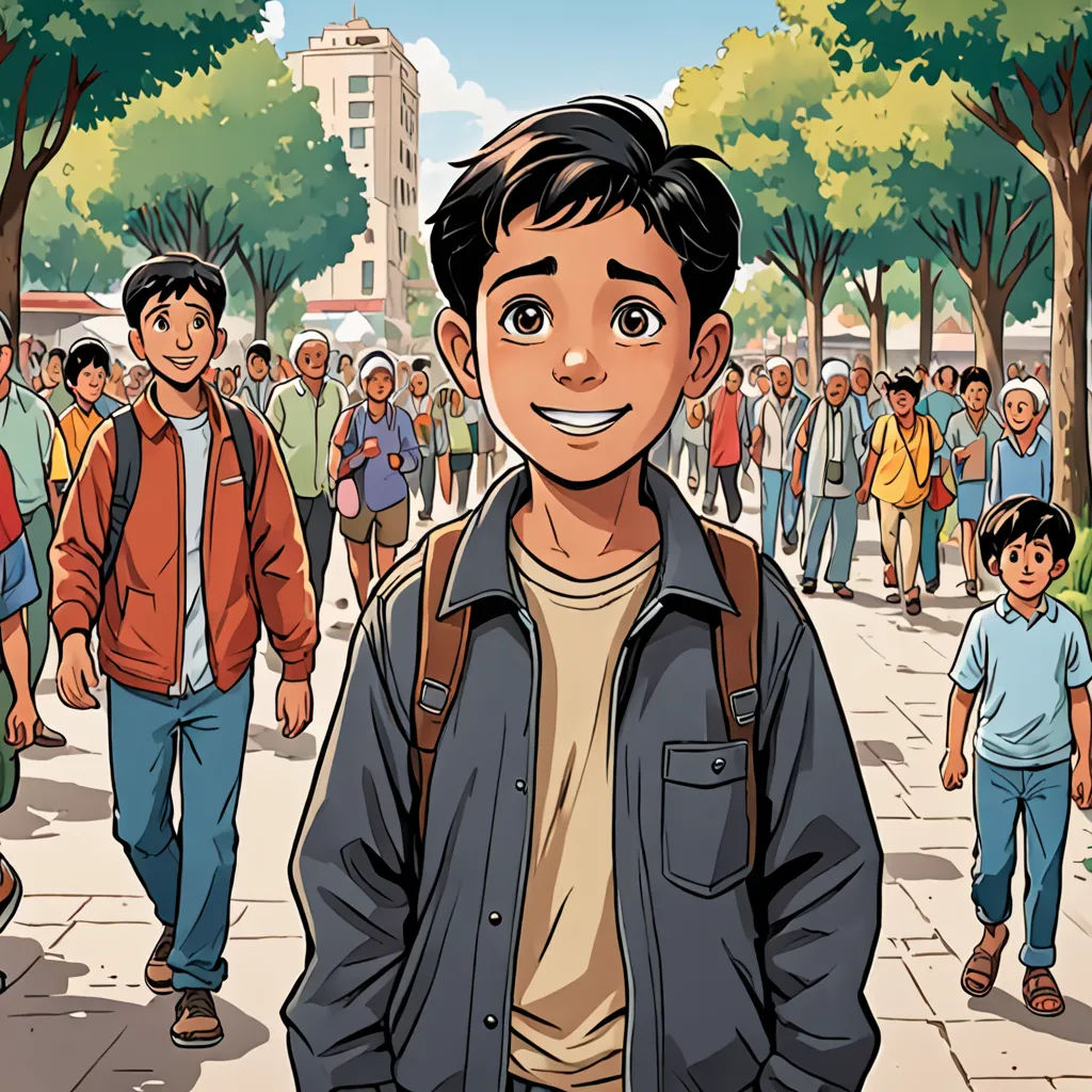 a cartoon of a man standing in front of a crowd of people on a sidewalk with trees and buildings in the background, hurufiyya, a comic book panel, Asaf Hanuka, graphic novel