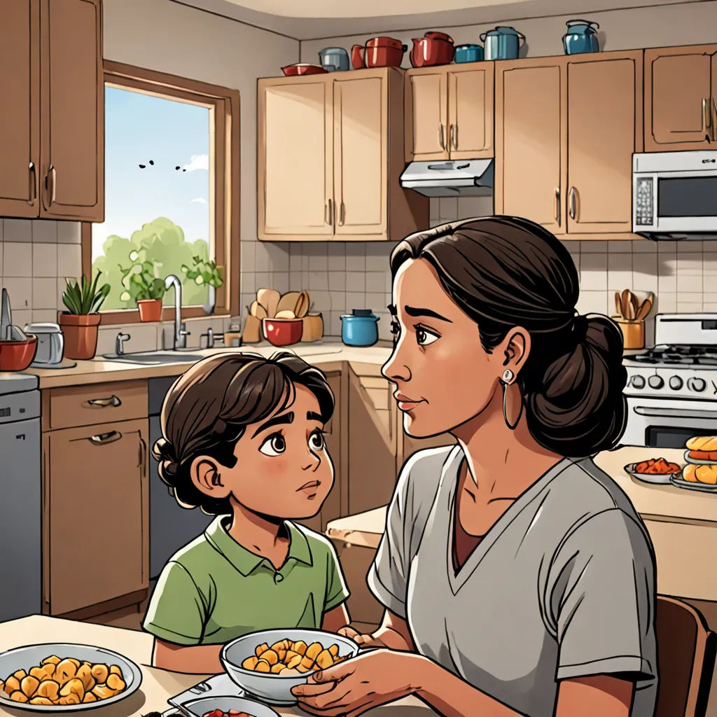 a woman and a child are sitting at a table with food in front of them and a stove in the background, american realism, a storybook illustration, Asaf Hanuka, graphic novel