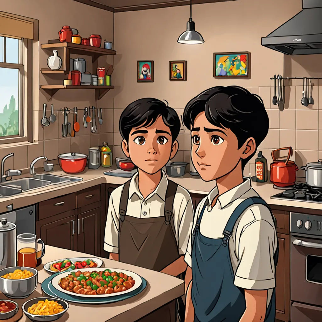 two people standing in a kitchen with a plate of food on the counter and a stove top oven with a pot and pan, bengal school of art, a comic book panel, Brothers Hildebrandt, official art