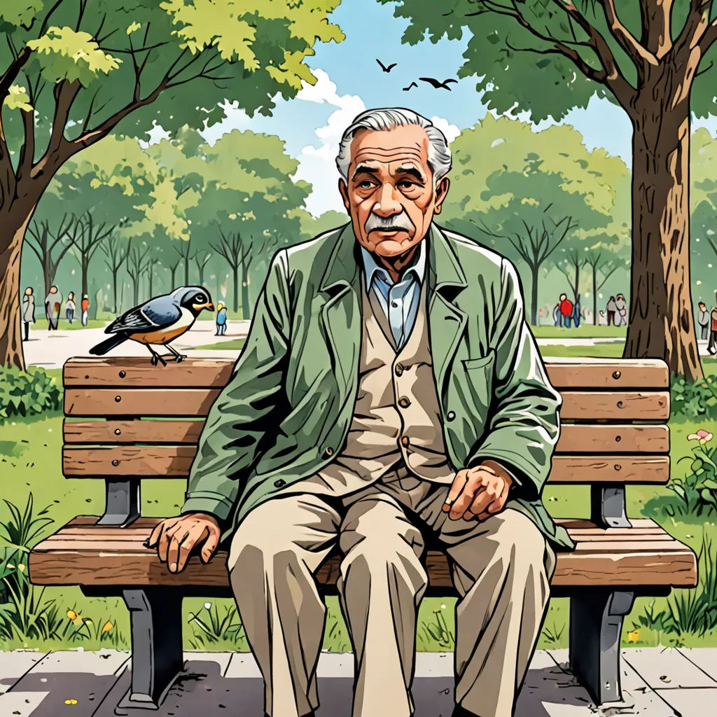 a man sitting on a bench in a park with a bird on his lap and a bird on the ground, massurrealism, a character portrait, Emiliano Ponzi, official art