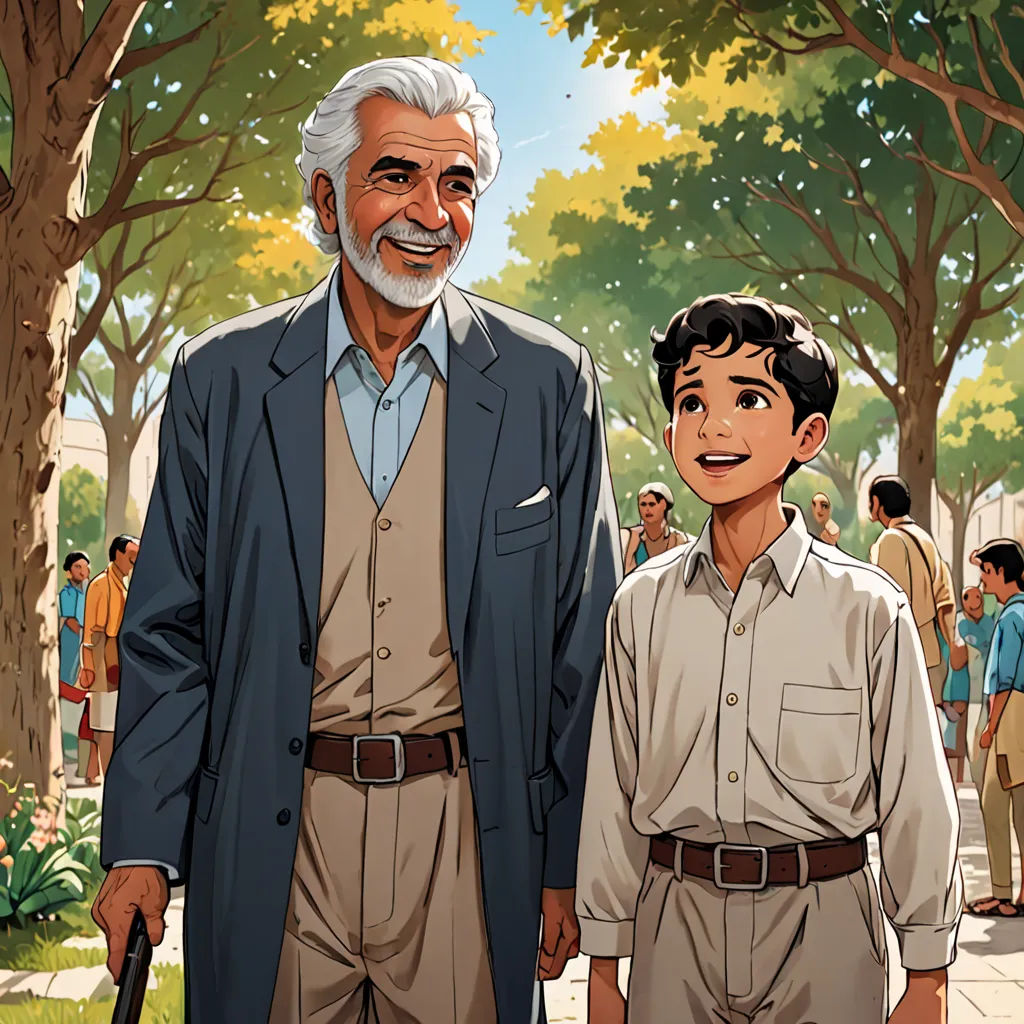 a man and a boy standing next to each other in a park with trees and people in the background, magical realism, a comic book panel, Drew Struzan, official art