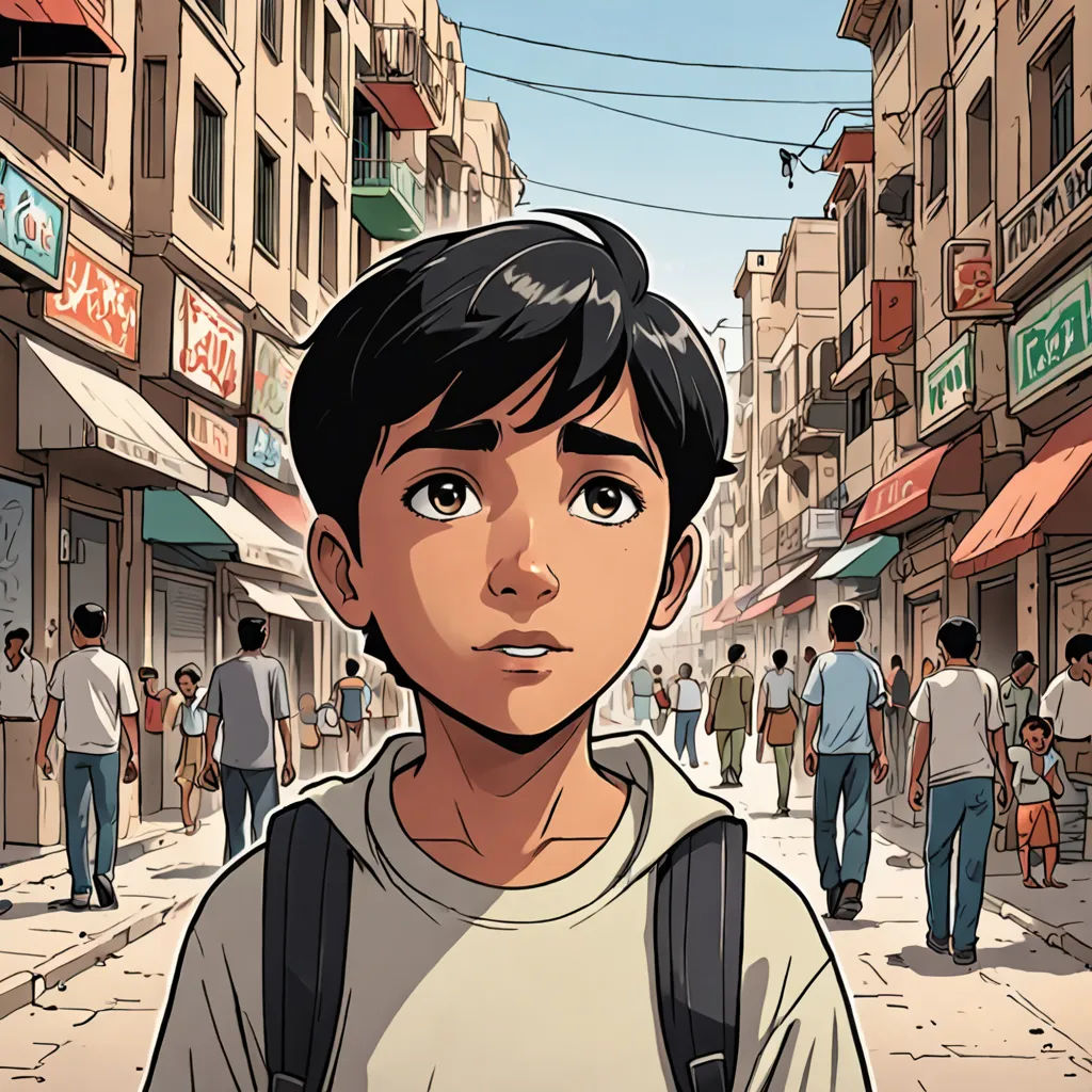 a boy with a backpack standing in the middle of a street with people walking around him and buildings in the background, serial art, a comic book panel, Asaf Hanuka, graphic novel