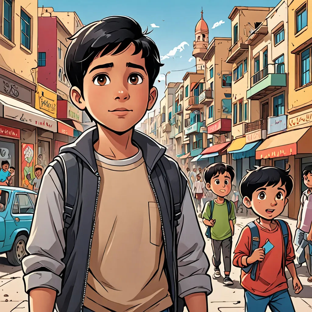 a boy standing in front of a group of people on a street with buildings in the background and a blue van behind him, hurufiyya, a comic book panel, Asaf Hanuka, comic cover art