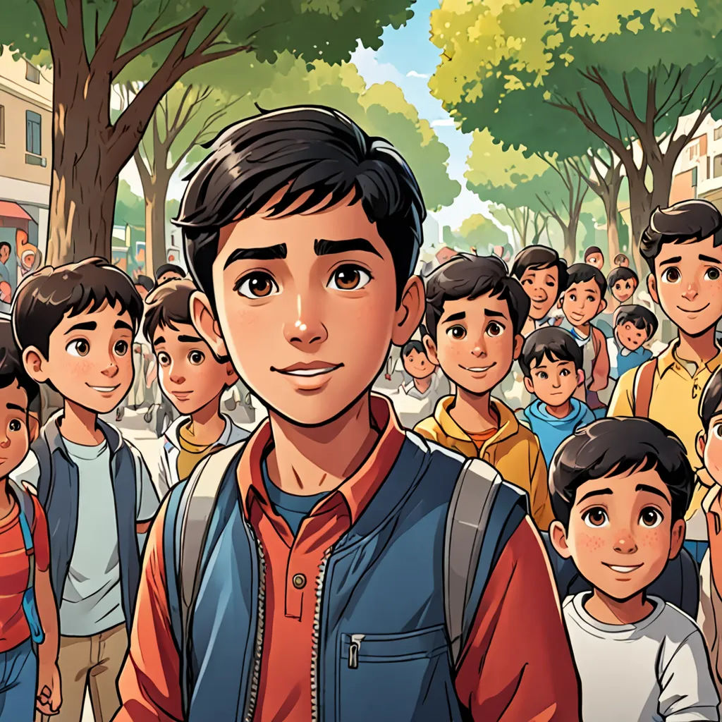 a man standing in front of a crowd of people in a park with trees and buildings in the background, serial art, a comic book panel, Asaf Hanuka, graphic novel