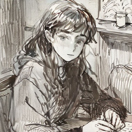 a drawing of a woman sitting at a table with a book in her hand and a cup of coffee in front of her
