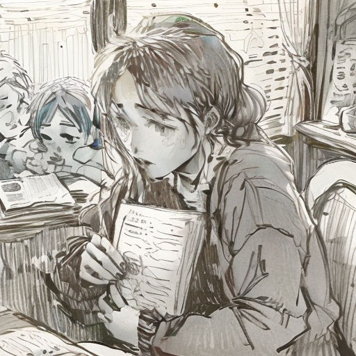 a drawing of a girl reading a book in a train car with other children sitting in the seats behind her