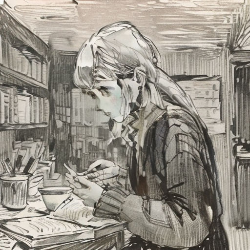 a drawing of a woman sitting at a desk with a book and pen in her hand and a cup of coffee in front of her