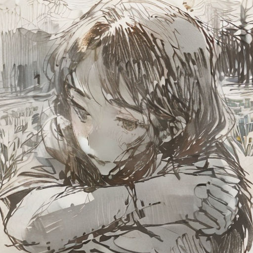 a drawing of a woman hugging her head with a city in the background and a building in the background