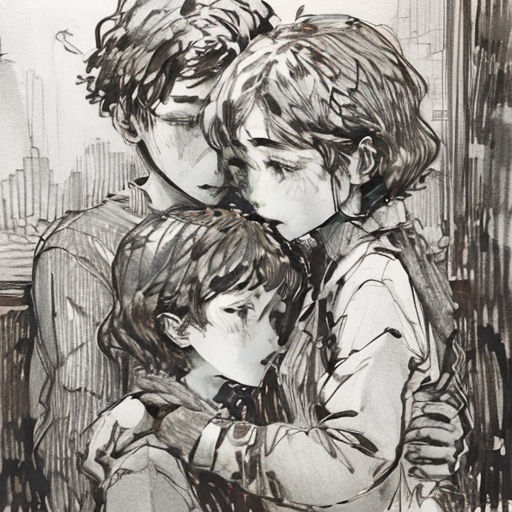 a drawing of two children hugging each other in a cityscape background with buildings in the background and a skyscraper in the background