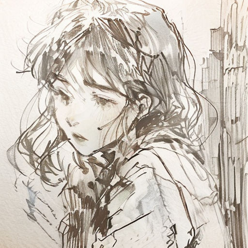 a drawing of a woman with a coat and tie on a white wall with a building in the background