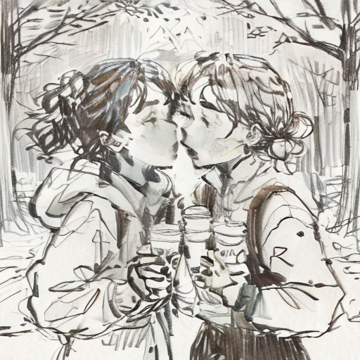 a drawing of two women sharing a kiss in the snow, with trees in the background and snow falling on the ground