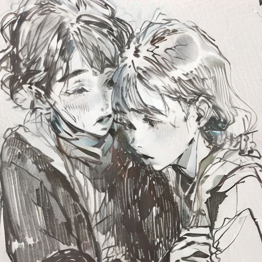 a drawing of two people hugging each other with their heads together, one of them is holding a cell phone