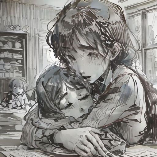 a drawing of a girl sitting at a table with a cat in her lap and a cat on her lap