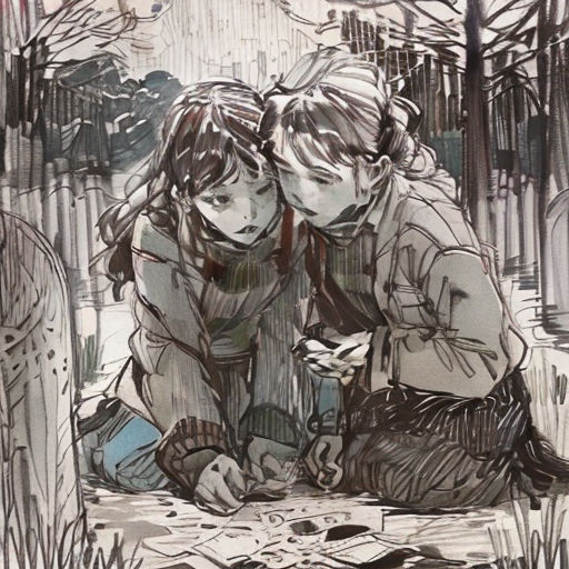 a drawing of two children sitting on the ground in the woods, one of them is looking at something