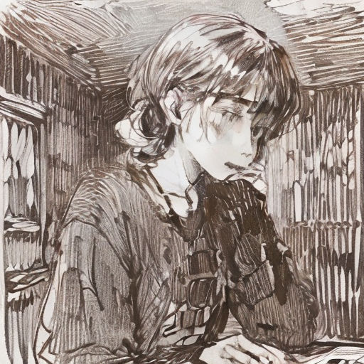 a drawing of a woman sitting at a table with a book in her hand and a cup in her hand