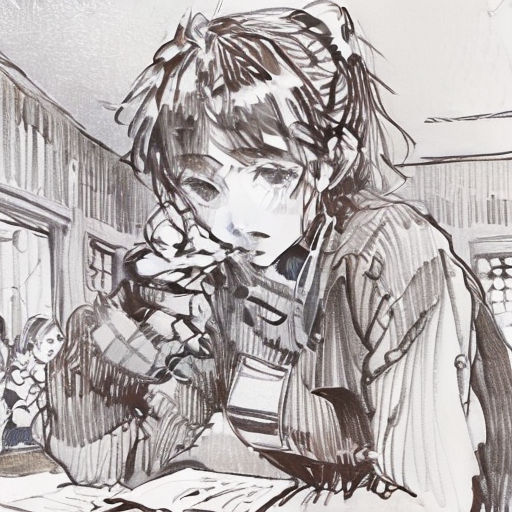 a drawing of a girl on a cell phone in a cafe with a man sitting at a table behind her