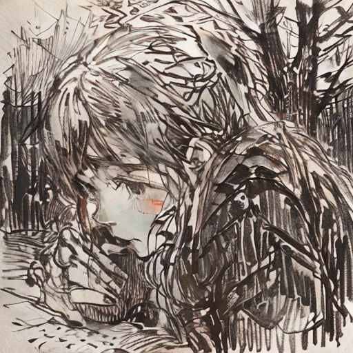 a drawing of a woman with a tree in the background and a bird flying by her side, with a red eye