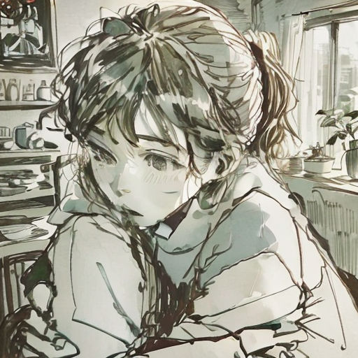 a drawing of a woman sitting in a chair with a cat on her lap and a window in the background