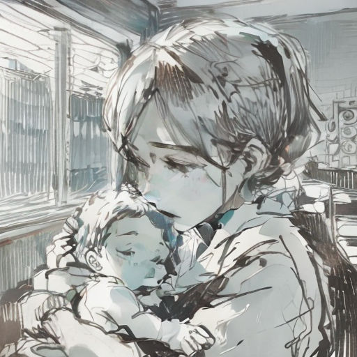a drawing of a woman holding a baby in her arms in a room with a window and a wall