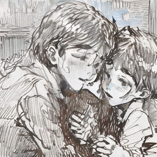 a drawing of two people hugging each other on a couch with a city skyline in the background and a blue sky in the background