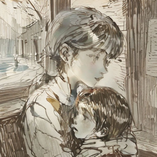 a woman and child are sitting on a bench together, looking at something in the distance, with a building in the background